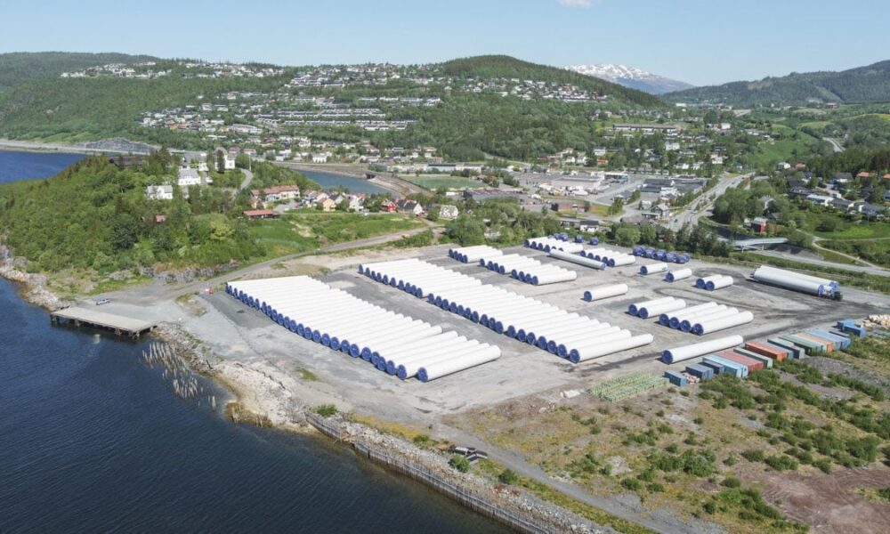 Bird’s-eye view of wind turbine components at the storage area at the Port of Mosjøen