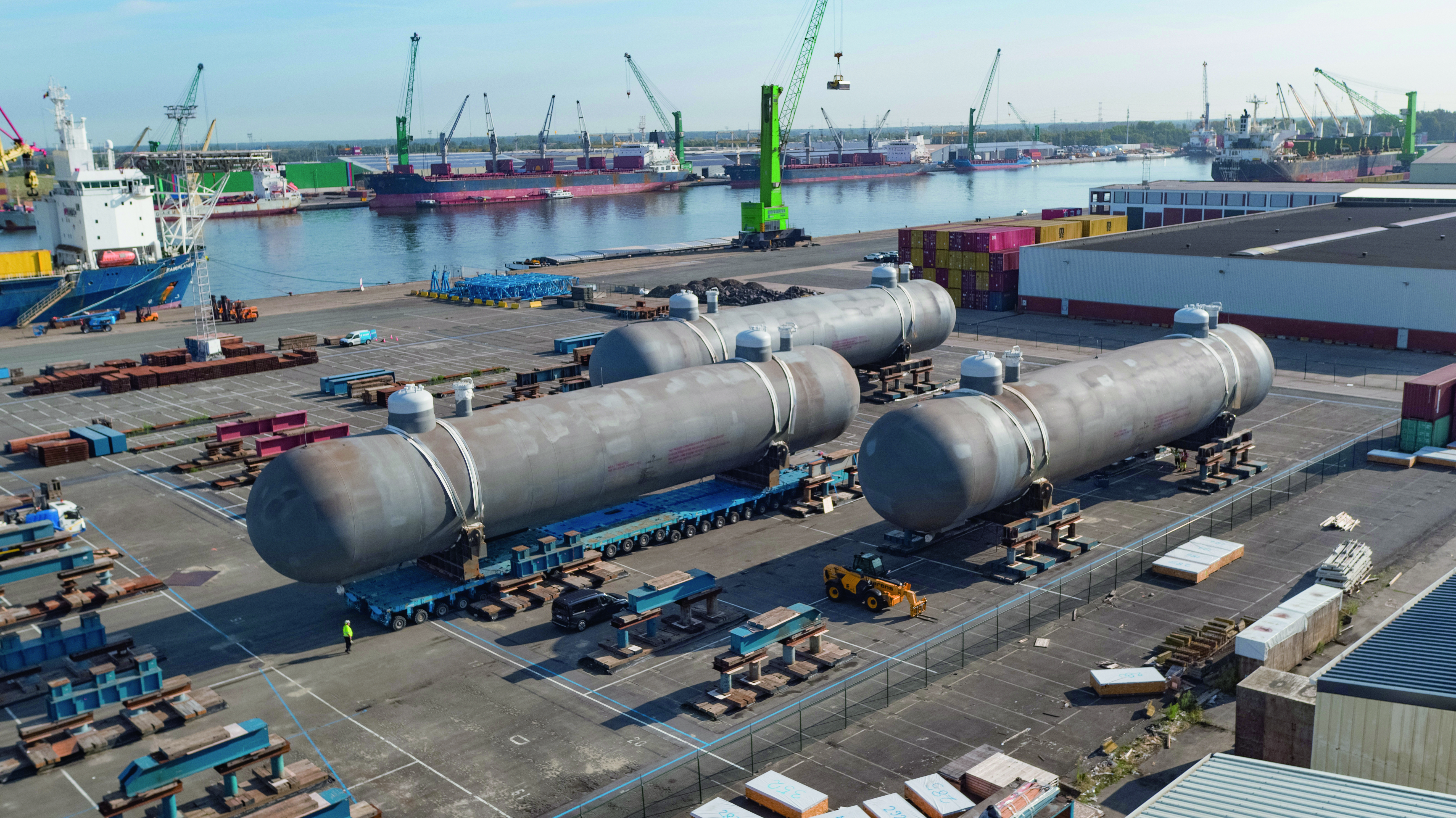 INEOS Project One, Discharged bullets installed onto stools on the quayside at the Port of Antwerp, Belgium