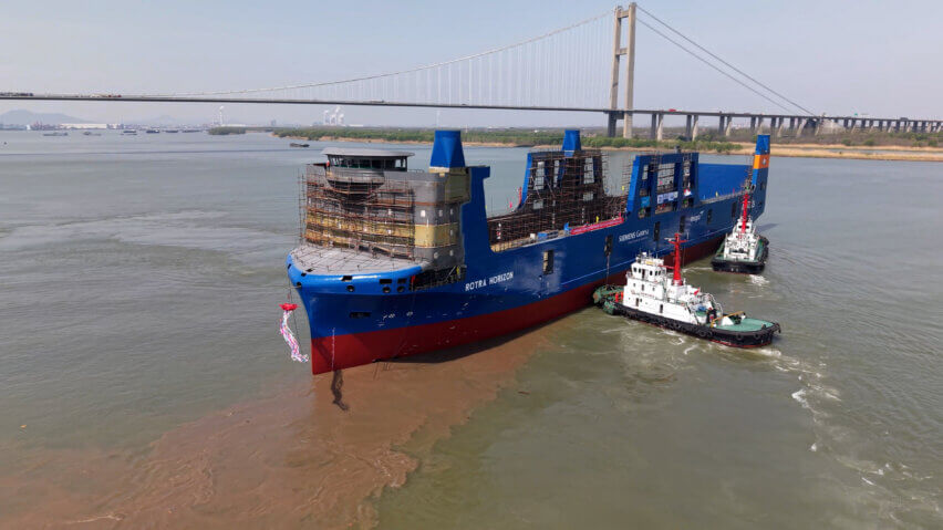 The launch of the Rotra Horizon at Zhenjiang Shipyards, Zhenjiang, Jiangsu, China