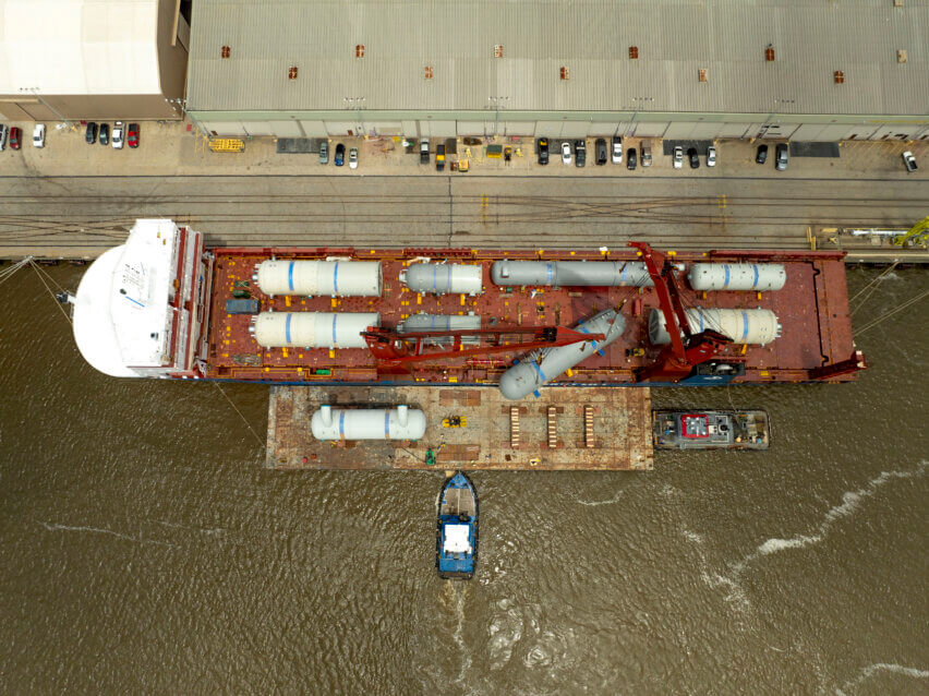 Petrochemical Project, Transloading operations from ocean vessel to barge at Port Arthur, Texas, USA