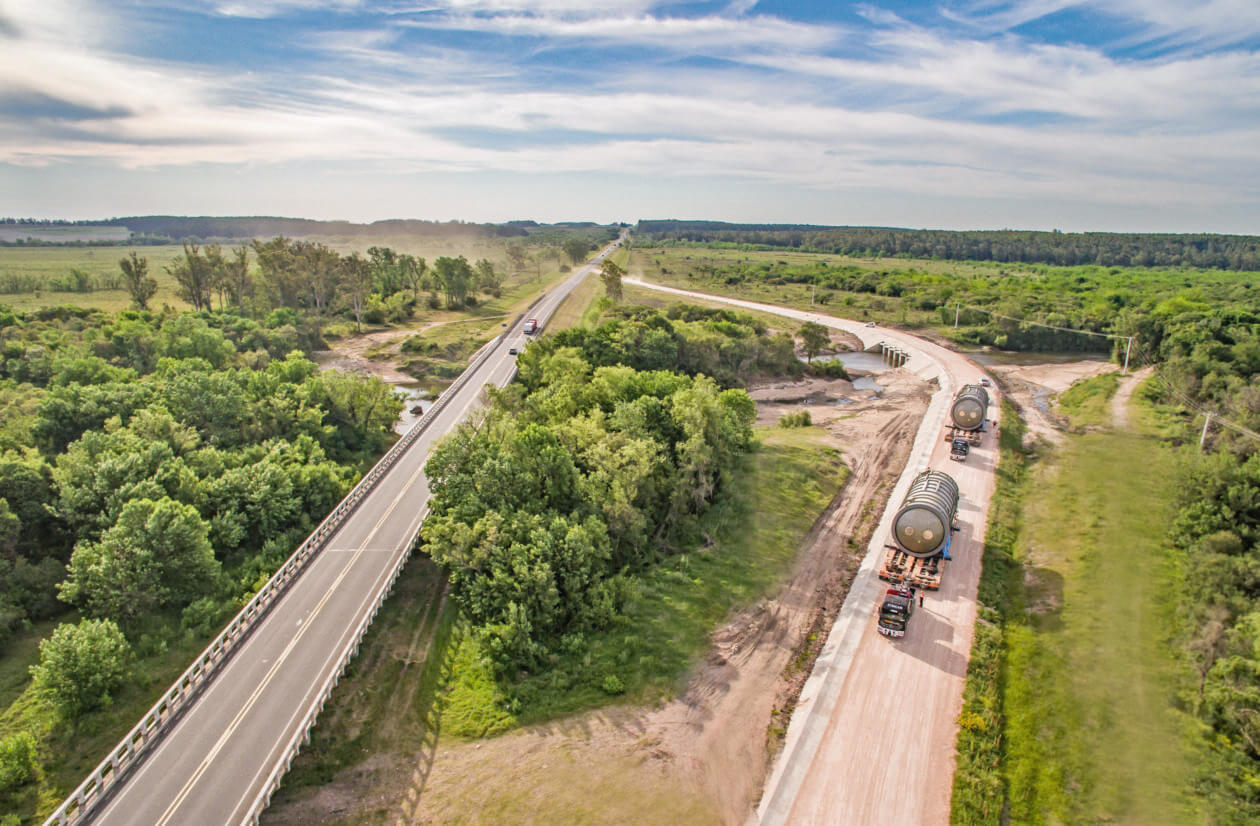 UPM Taurus Project, Extended infrastructure works for the 230 km road transport in central Uruguay, incl. the building of 28 bypasses